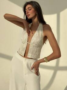Aloruh Elegant Off-White Women's Halter Neck Textured Woven Lace Camisole,Boho Summer Beach Vacation Holiday Top,Tropical Wedding Season Outfits,Holiday - Apricot - View 4