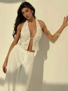Aloruh Elegant Off-White Women's Halter Neck Textured Woven Lace Camisole,Boho Summer Beach Vacation Holiday Top,Tropical Wedding Season Outfits,Holiday - Apricot - View 5