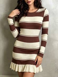 Linhara CURVE Plus Size Korean 90s Casual Style Striped Colorblock Ruffle Hem Dress Vacation Office Brown Autumn Fall - Brown - View 3