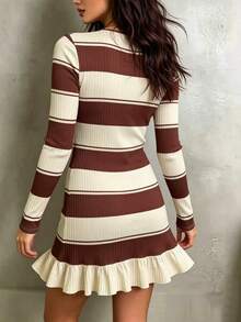 Linhara CURVE Plus Size Korean 90s Casual Style Striped Colorblock Ruffle Hem Dress Vacation Office Brown Autumn Fall - Brown - View 2