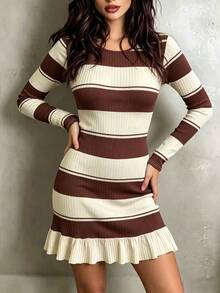 Linhara CURVE Plus Size Korean 90s Casual Style Striped Colorblock Ruffle Hem Dress Vacation Office Brown Autumn Fall - Brown - View 4