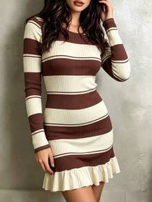 Linhara CURVE Plus Size Korean 90s Casual Style Striped Colorblock Ruffle Hem Dress Vacation Office Brown Autumn Fall - Brown - View 6