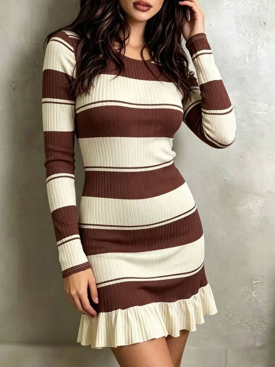 Linhara CURVE Plus Size Korean 90s Casual Style Striped Colorblock Ruffle Hem Dress Vacation Office Brown Autumn Fall - Brown - View 1