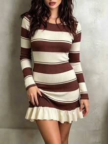 Linhara CURVE Plus Size Korean 90s Casual Style Striped Colorblock Ruffle Hem Dress Vacation Office Brown Autumn Fall - Brown - View 1