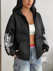 Coolane 女款秋冬街頭風休閒搖滾哥德龐克Y2K運動保暖抓絨內裡圖案十字黑色寬鬆連帽長袖衛衣 - 黑色 - 查看 6