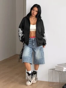Coolane 女款秋冬街頭風休閒搖滾哥德龐克Y2K運動保暖抓絨內裡圖案十字黑色寬鬆連帽長袖衛衣 - 黑色 - 查看 5