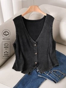 CosyJoli Plus Size Women V-Neck Single-Breasted Casual Business Casual Tank Top Office Vacation Concert Dark Green Summer - Black - View 2