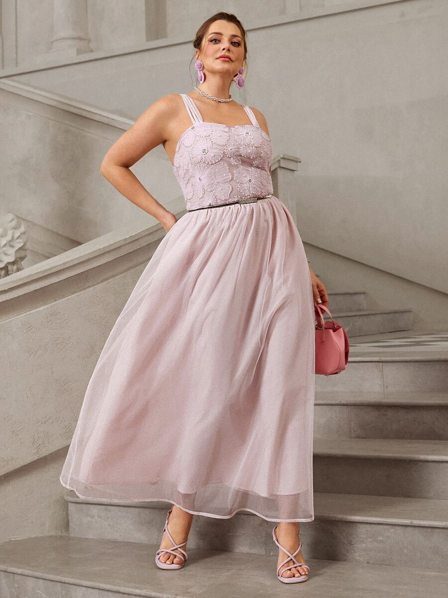 VOLUPTÉ CURVE Plus Size Women's Pink Floral Lace Mesh 3D Floral Spaghetti Strap Maxi Dress Elegant Celestial Birthday Formal Party Wedding Guest Summer