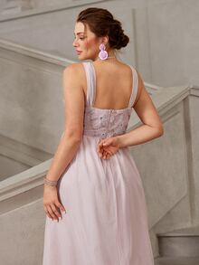 VOLUPTÉ CURVE Plus Size Women's Pink Floral Lace Mesh 3D Floral Spaghetti Strap Maxi Dress Elegant Celestial Birthday Formal Party Wedding Guest Summer - Apricot - View 5
