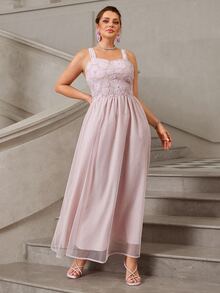 VOLUPTÉ CURVE Plus Size Women's Pink Floral Lace Mesh 3D Floral Spaghetti Strap Maxi Dress Elegant Celestial Birthday Formal Party Wedding Guest Summer - Apricot - View 4