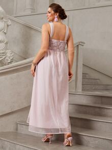 VOLUPTÉ CURVE Plus Size Women's Pink Floral Lace Mesh 3D Floral Spaghetti Strap Maxi Dress Elegant Celestial Birthday Formal Party Wedding Guest Summer - Apricot - View 3