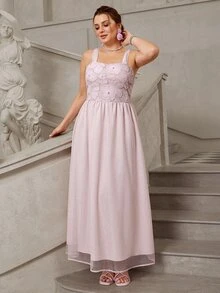 VOLUPTÉ CURVE Plus Size Women's Pink Floral Lace Mesh 3D Floral Spaghetti Strap Maxi Dress Elegant Celestial Birthday Formal Party Wedding Guest Summer - Apricot - View 6