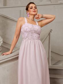VOLUPTÉ CURVE Plus Size Women's Pink Floral Lace Mesh 3D Floral Spaghetti Strap Maxi Dress Elegant Celestial Birthday Formal Party Wedding Guest Summer - Apricot - View 7