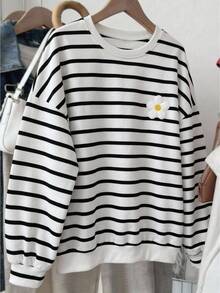 SHEIN 少女寬鬆休閒圓領套頭衛衣，黑白條紋花卉裝飾長袖柔軟極簡風，秋冬服飾 - 黑與白 - 查看 5