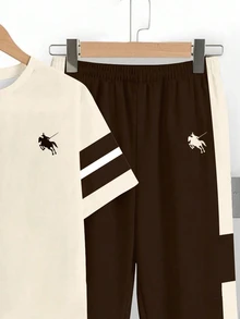 SHEIN 2pcs/Set Young Boy Casual Fashion School Style Horse Logo Color Block Short Sleeve T-Shirt And Pants Set,Summer,Career Day,Back-To-School Comfortable - Multicolor - View 5