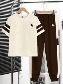 SHEIN 2pcs/Set Young Boy Casual Fashion School Style Horse Logo Color Block Short Sleeve T-Shirt And Pants Set,Summer,Career Day,Back-To-School Comfortable - Multicolor - View 2
