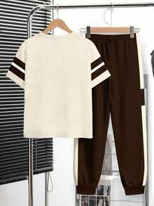 SHEIN 2pcs/Set Young Boy Casual Fashion School Style Horse Logo Color Block Short Sleeve T-Shirt And Pants Set,Summer,Career Day,Back-To-School Comfortable - Multicolor - View 7