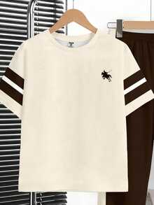 SHEIN 2pcs/Set Young Boy Casual Fashion School Style Horse Logo Color Block Short Sleeve T-Shirt And Pants Set,Summer,Career Day,Back-To-School Comfortable - Multicolor - View 3