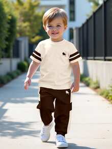 SHEIN 2pcs/Set Young Boy Casual Fashion School Style Horse Logo Color Block Short Sleeve T-Shirt And Pants Set,Summer,Career Day,Back-To-School Comfortable - Multicolor - View 4