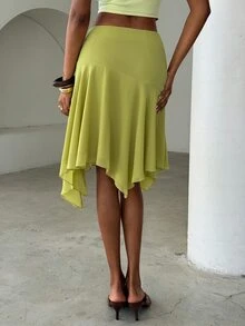 Aloruh Women's Light Green Chiffon Midi Skirt,Patchwork Sequin Shell Webbing Asymmetrical Hem,Boho Conservative Sexy Summer Beach Vacation Holiday Tropical - Green - View 2