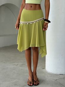 Aloruh Women's Light Green Chiffon Midi Skirt,Patchwork Sequin Shell Webbing Asymmetrical Hem,Boho Conservative Sexy Summer Beach Vacation Holiday Tropical - Green - View 3