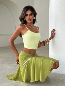 Aloruh Women's Light Green Chiffon Midi Skirt,Patchwork Sequin Shell Webbing Asymmetrical Hem,Boho Conservative Sexy Summer Beach Vacation Holiday Tropical - Green - View 6
