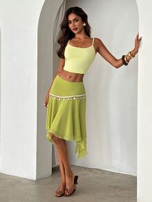 Aloruh Women's Light Green Chiffon Midi Skirt,Patchwork Sequin Shell Webbing Asymmetrical Hem,Boho Conservative Sexy Summer Beach Vacation Holiday Tropical - Green - View 7