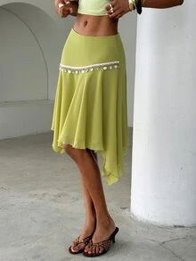 Aloruh Women's Light Green Chiffon Midi Skirt,Patchwork Sequin Shell Webbing Asymmetrical Hem,Boho Conservative Sexy Summer Beach Vacation Holiday Tropical - Green - View 1