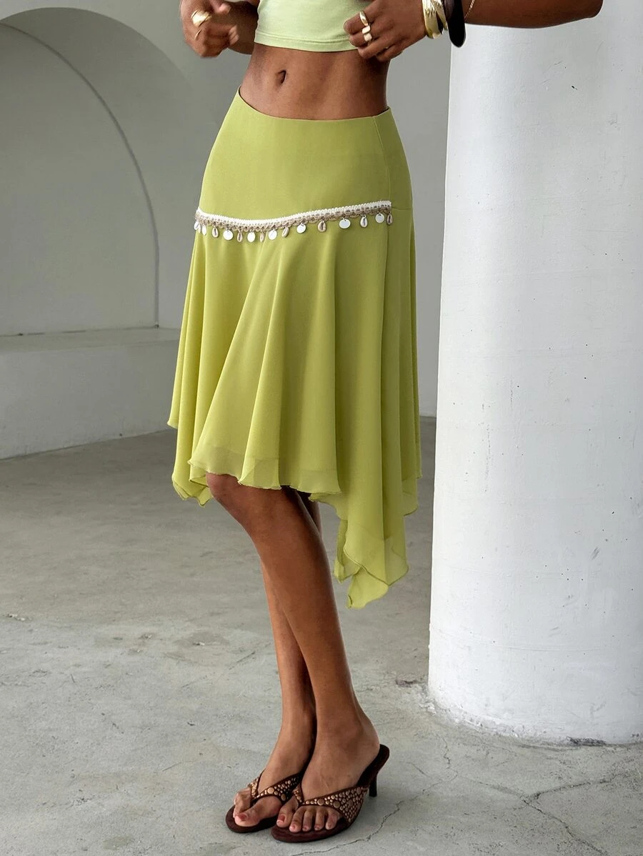 Aloruh Women's Light Green Chiffon Midi Skirt,Patchwork Sequin Shell Webbing Asymmetrical Hem,Boho Conservative Sexy Summer Beach Vacation Holiday Tropical - Green - View 1
