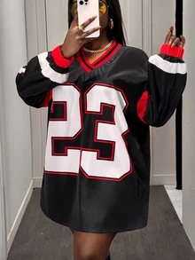 Slaydiva 2024 Autumn/Winter Fashion American Number Print Woven Shirt For Women, V-Neck Long Sleeve Adjustable Hem Pullover Top Fall - Multicolor - View 9