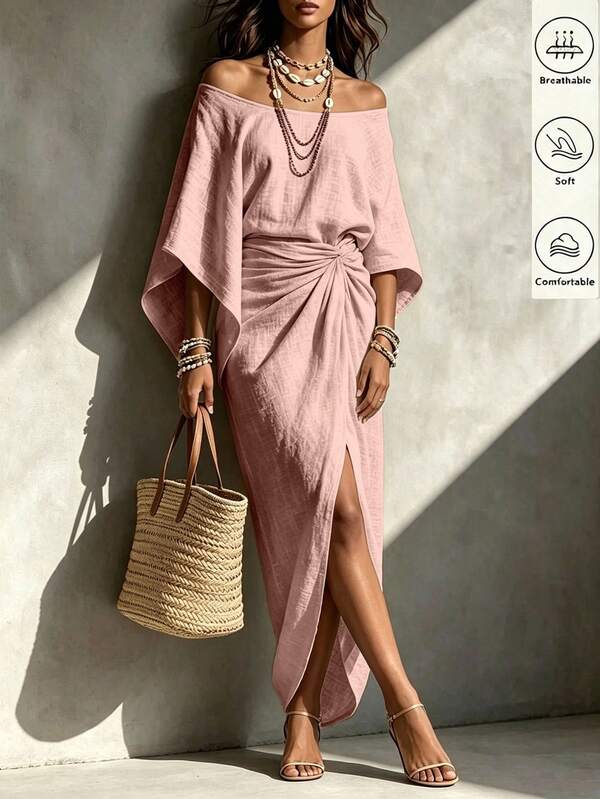 Breezaya Summer Women's Dress, July Festival, Outdoor Outfit Dress, Beach Vacation, Holiday Outfit, Khaki Women's Dress, Off-The-Shoulder Three-Quarter Sleeve Ruched Women's Dress, Casual Women's Dress, Vacation Outfit, Vacation Women's Dress, Party Dress, Casual Party Outfit, Casual Party Dress