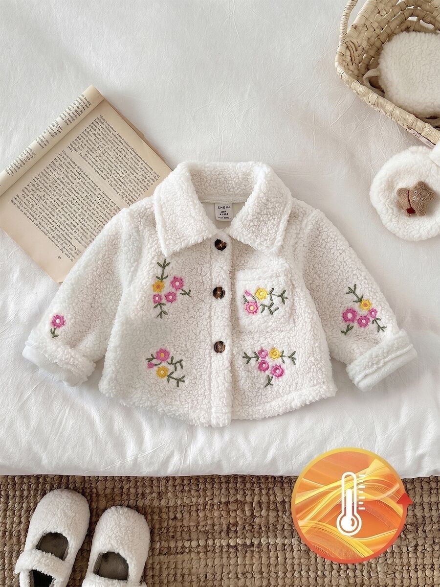 SHEIN Baby Girl Thick Fleece Embroidered Flower Collar Long Sleeve Jacket, Autumn/Winter Fall