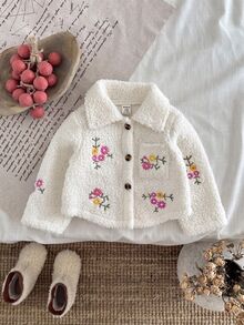 SHEIN Baby Girl Thick Fleece Embroidered Flower Collar Long Sleeve Jacket, Autumn/Winter Fall - White - View 5