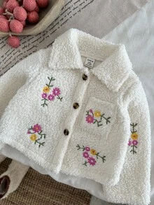 SHEIN Baby Girl Thick Fleece Embroidered Flower Collar Long Sleeve Jacket, Autumn/Winter Fall - White - View 6