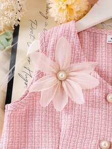 Elladie kids Tween Girl Blazer Vest With 3D Flower Pearl Button Jacket And Pleated Skirt 2-Piece Design Casual Cute Set Back-To-School Party Dusty Pink Summer - Pink - View 7