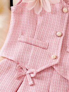 Elladie kids Tween Girl Blazer Vest With 3D Flower Pearl Button Jacket And Pleated Skirt 2-Piece Design Casual Cute Set Back-To-School Party Dusty Pink Summer - Pink - View 6