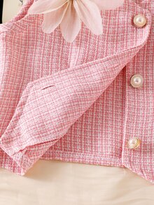 Elladie kids Tween Girl Blazer Vest With 3D Flower Pearl Button Jacket And Pleated Skirt 2-Piece Design Casual Cute Set Back-To-School Party Dusty Pink Summer - Pink - View 9