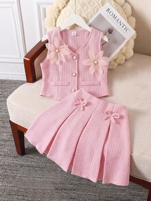 Elladie kids Tween Girl Blazer Vest With 3D Flower Pearl Button Jacket And Pleated Skirt 2-Piece Design Casual Cute Set Back-To-School Party Dusty Pink Summer - Pink - View 4