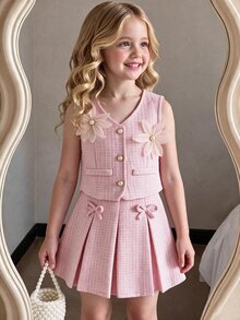 Elladie kids Tween Girl Blazer Vest With 3D Flower Pearl Button Jacket And Pleated Skirt 2-Piece Design Casual Cute Set Back-To-School Party Dusty Pink Summer - Pink - View 2