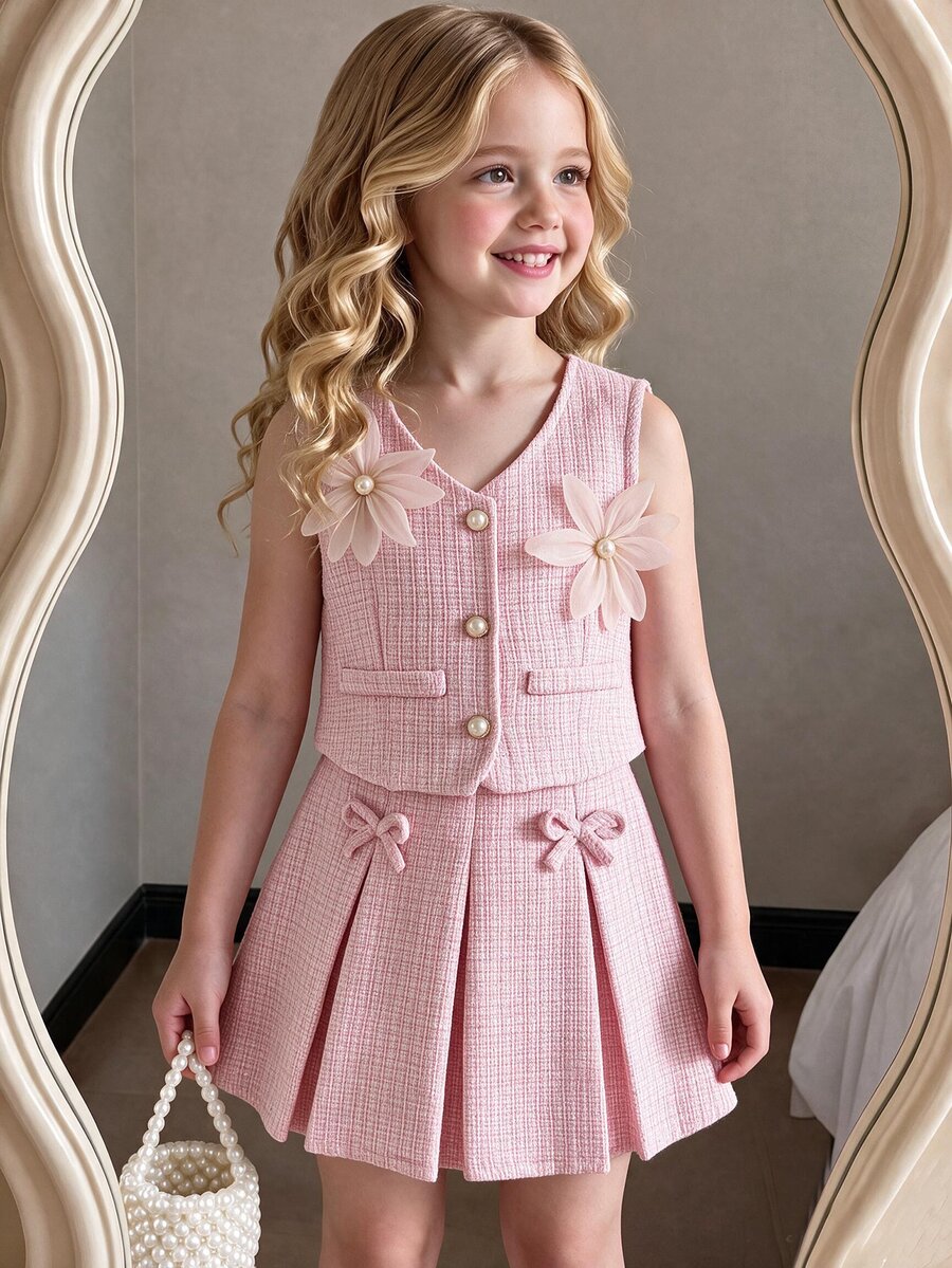 Elladie kids Tween Girl Blazer Vest With 3D Flower Pearl Button Jacket And Pleated Skirt 2-Piece Design Casual Cute Set Back-To-School Party Dusty Pink Summer