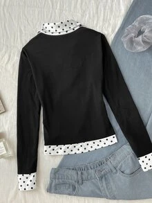 SHEIN 青少年女孩波點印花對比領 2 合 1 T恤 - 黑與白 - 查看 3