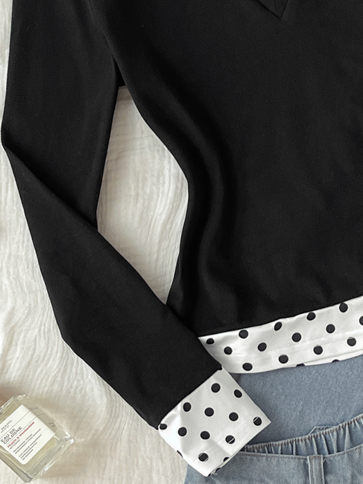 SHEIN Teen Girl Polka Dot Print Contrast Collar 2 In 1 Tee - Black and White - View 4
