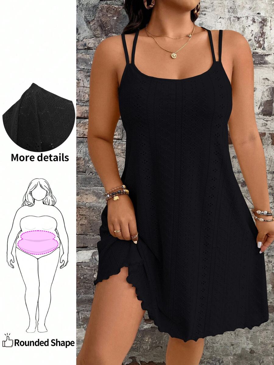 Breezaya Plus Size Women Summer Casual Jacquard Spaghetti Strap Dress - Black - View 1