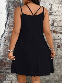 Breezaya Plus Size Women Summer Casual Jacquard Spaghetti Strap Dress - Black - View 2