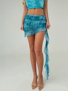 Aloruh Women's Summer Beach Vacation Tie-Dye Print Low Waist Asymmetrical Layered Ruffle Hem Skirt For Women Holiday - Blue - View 6