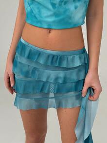 Aloruh Women's Summer Beach Vacation Tie-Dye Print Low Waist Asymmetrical Layered Ruffle Hem Skirt For Women Holiday - Blue - View 3