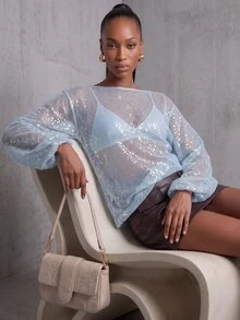 Rouah Women's Sparkly Sequin Mesh Top Light Blue Sheer Long Sleeve Balloon Cover Up Elegant Sexy Shimmer Party Club For Beach Or Resort Summer Fall Autumn - Baby Blue - View 8