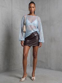 Rouah Women's Sparkly Sequin Mesh Top Light Blue Sheer Long Sleeve Balloon Cover Up Elegant Sexy Shimmer Party Club For Beach Or Resort Summer Fall Autumn - Baby Blue - View 3