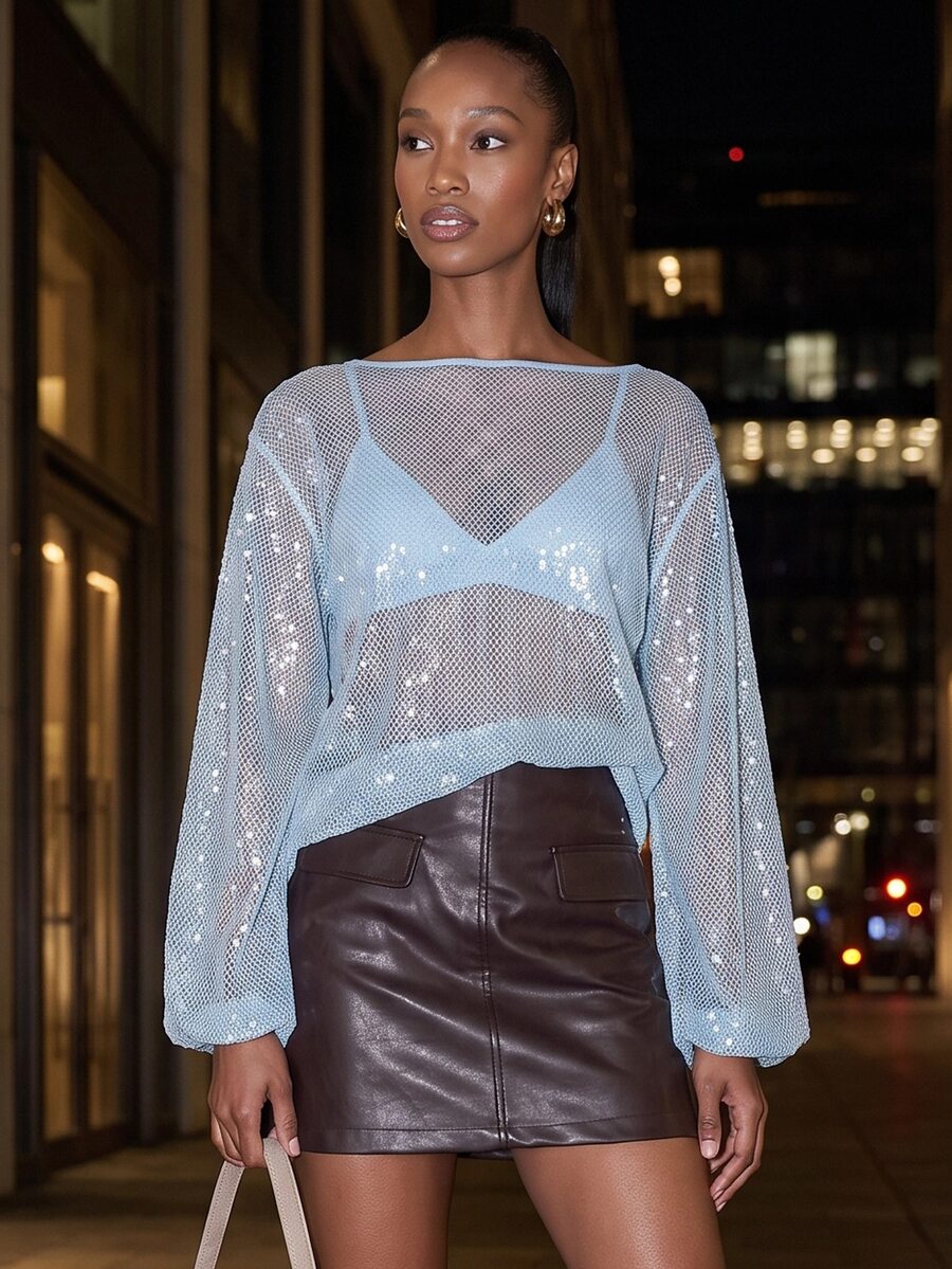 Rouah Women's Sparkly Sequin Mesh Top Light Blue Sheer Long Sleeve Balloon Cover Up Elegant Sexy Shimmer Party Club For Beach Or Resort Summer Fall Autumn - Baby Blue - View 1