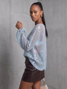 Rouah Women's Sparkly Sequin Mesh Top Light Blue Sheer Long Sleeve Balloon Cover Up Elegant Sexy Shimmer Party Club For Beach Or Resort Summer Fall Autumn - Baby Blue - View 6